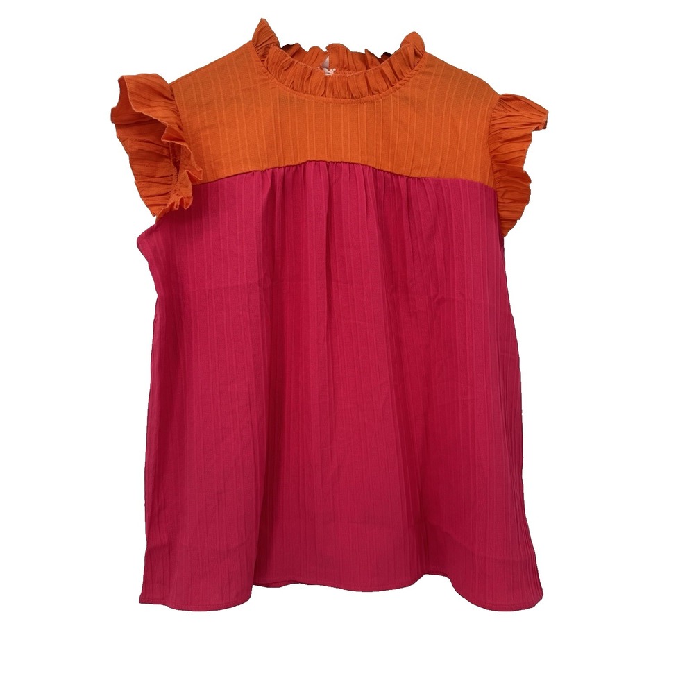 Women Two Tone Colorblock Blouse Pink Orange Preppy Summer spring career soft